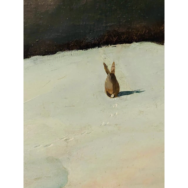 Black Dark Academia Antique Winter Landscape With Rabbit Painting Oil on Canvas Fine Art For Sale - Image 8 of 8