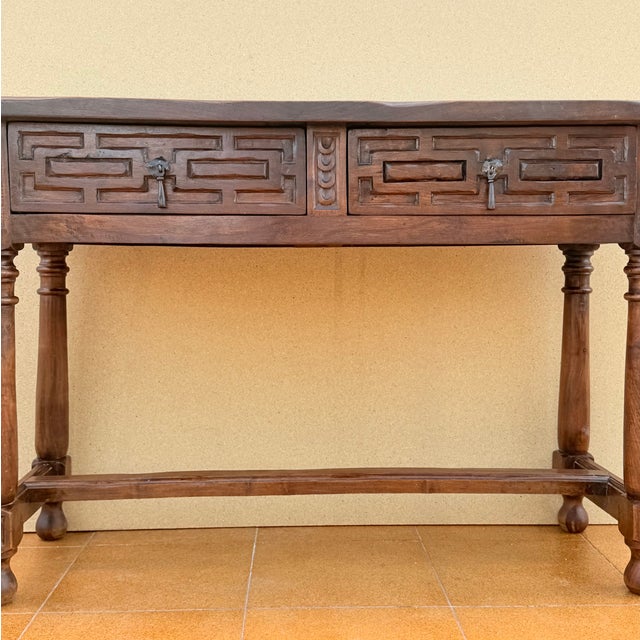 Spanish Walnut Console Table with Geometric Carved Drawers, 1920s For Sale - Image 10 of 17