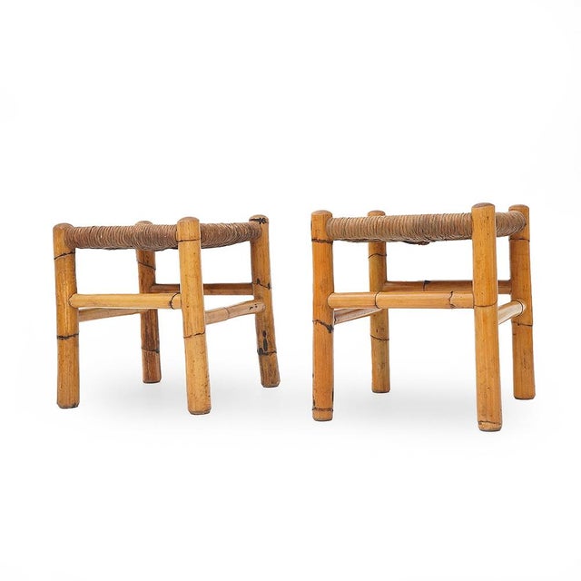 Wood Stools in Rattan and Woven Straw, 1960s, Set of 2 For Sale - Image 7 of 14