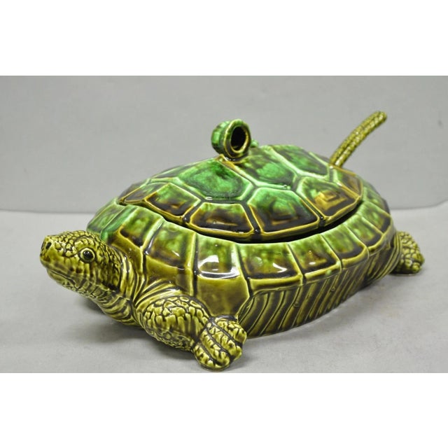 Vintage Tilso Japan Mid Century Modern Green Ceramic Figural Turtle Soup Tureen For Sale - Image 9 of 17