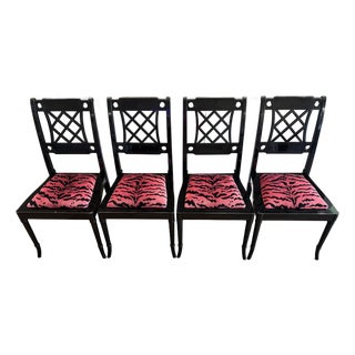 Set of 4 Chinoiserie Dining Game Chairs With Scalamandré Tigre Upholstered Seats For Sale