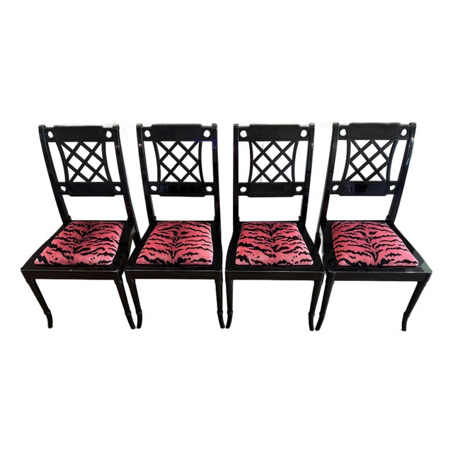 Set of 4 Chinoiserie Dining Game Chairs With Scalamandré Tigre Upholstered Seats For Sale