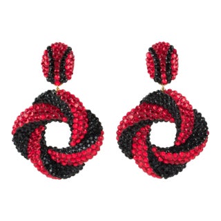 Richard Kerr Red and Black Jeweled Pair of Dangle Clip Earrings For Sale