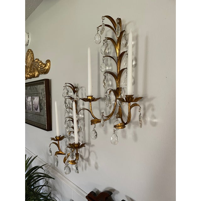 Vintage Mid Century 19" Italian Gilded Tole and Crystals Candle Sconces - A Pair For Sale - Image 16 of 18