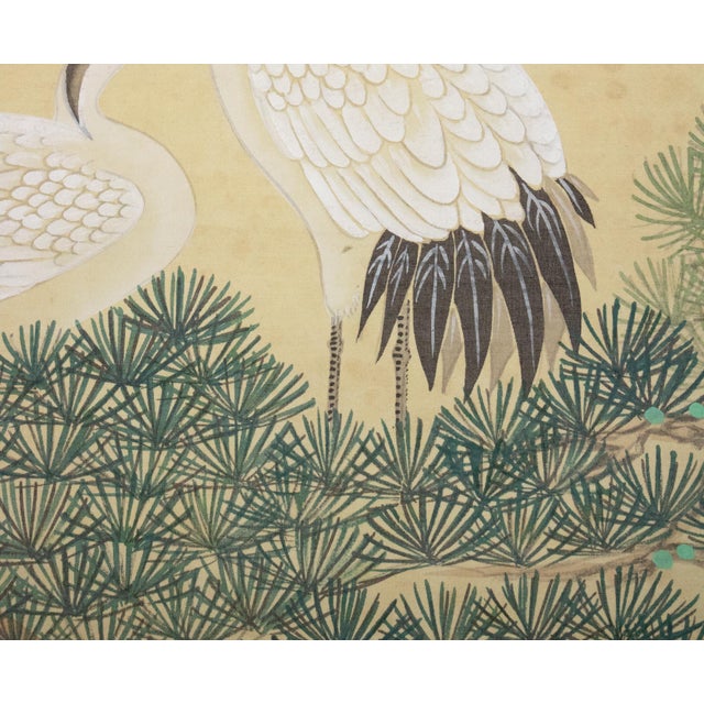 "Cranes and the Big Pine Tree", Showa Era Japanese Silk Scroll Painting For Sale - Image 12 of 17