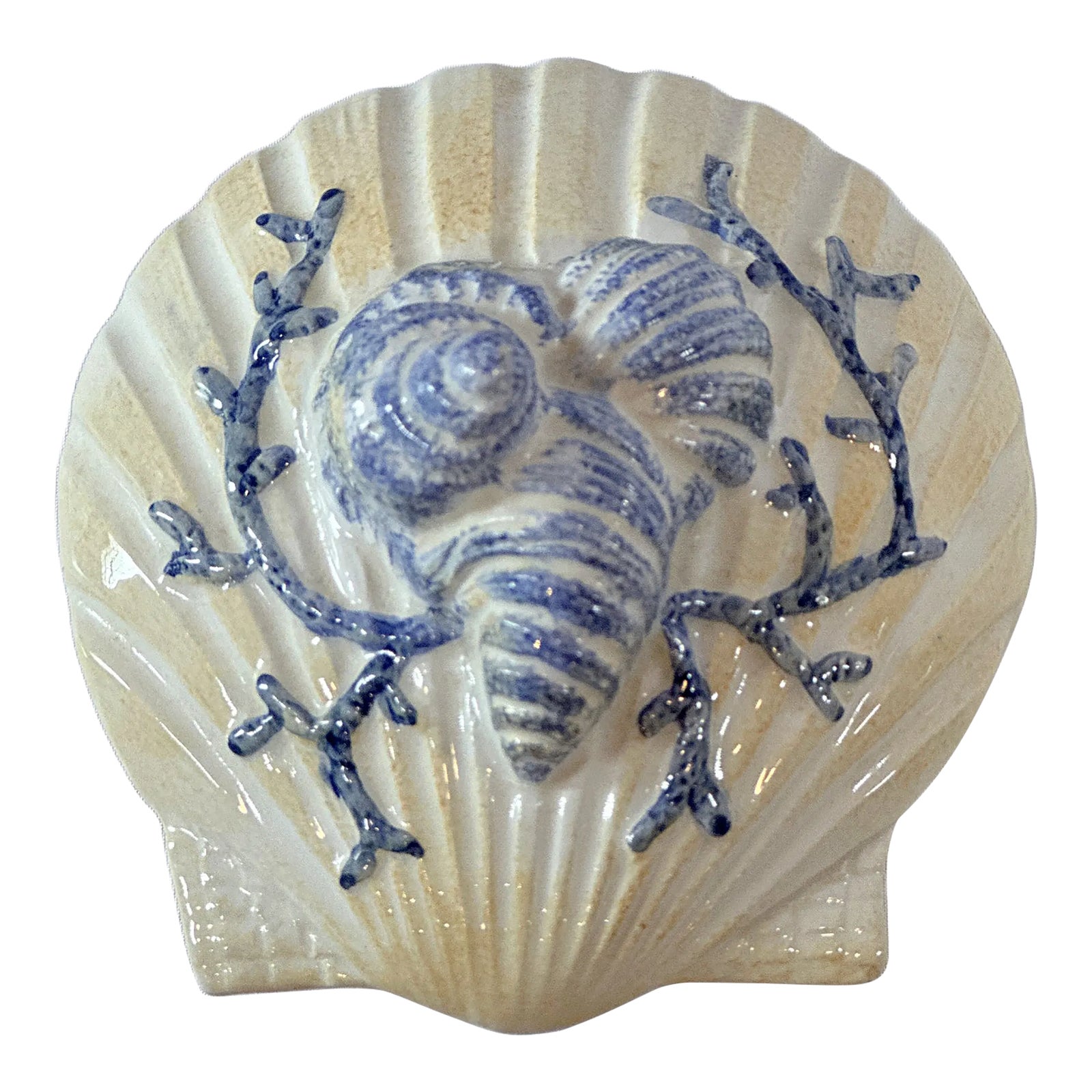 1980's Italian Majolica Seashell Blue and Off White Trinket Box | Chairish