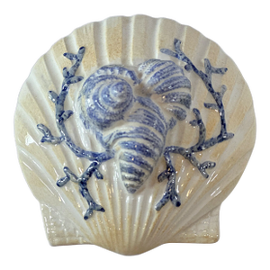 1980's Italian Majolica Seashell Blue and Off White Trinket Box