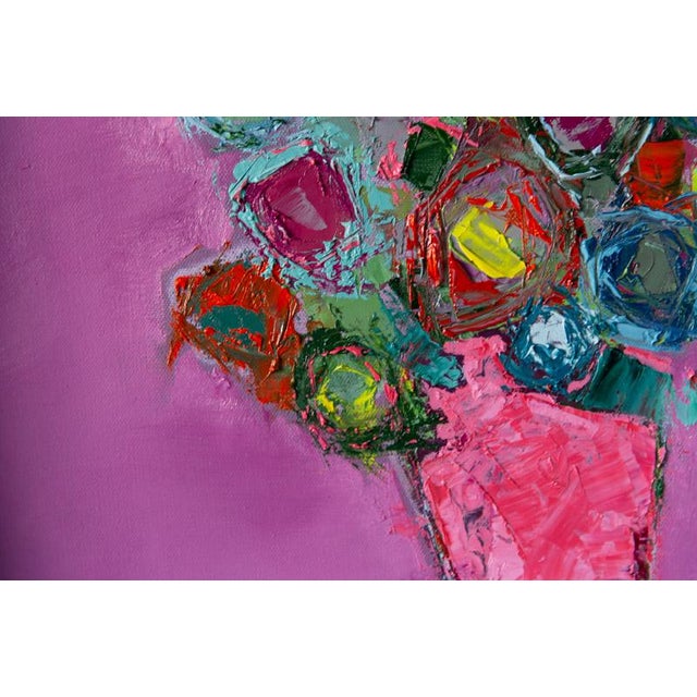 Bill Tansey " Pink Vase Green Linen " Abstract Floral Oil Painting on