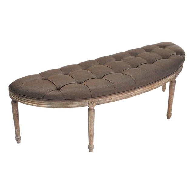 Louis Demilune Curve Tufted Bench - Brown Linen / Oak Frame For Sale
