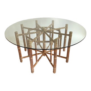 Vintage Organic Modern Rattan and Bamboo Octagonal McGuire Dining / Entry Table With Round Glass Top For Sale