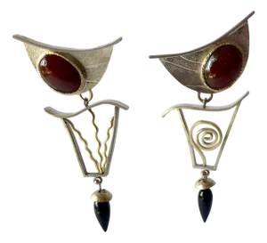 Enid Kaplan Sterling Silver Gold Carnelian Onyx Postmodernist Synergy Earrings