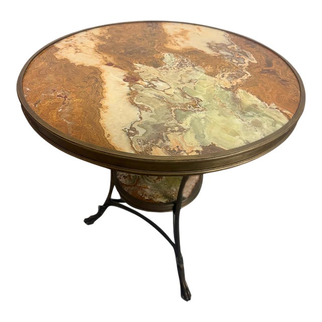 Vintage Hollywood Regency Two-Tier Onyx & Brass Guéridon Side Table With Paw Feet For Sale