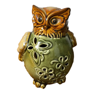 Vintage Ceramic Owl Figurine Candle Holder Green Brown Glaze Pierced Pottery
