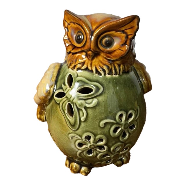 Vintage Ceramic Owl Figurine Incense Holder Green Brown Glaze Pierced Pottery For Sale
