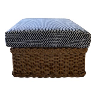 Michael Taylor Braided Wicker Ottoman With Sister Parish Ink Blue Linen Fabric For Sale