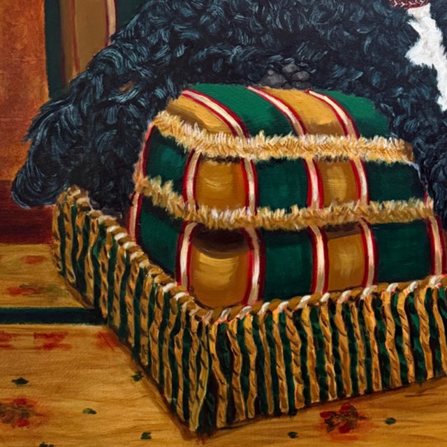 Textile Pair of Large Original Oil Portraits of a Portuguese Water Dog on a Striped Bergère For Sale - Image 7 of 14