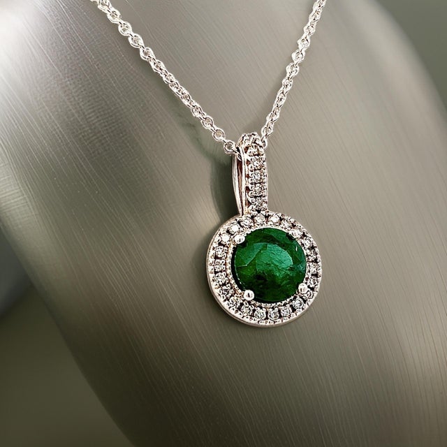 Green Natural Emerald Diamond Pendant Necklace 18" 14k W Gold 1.90 TCW Certified For Sale - Image 8 of 15