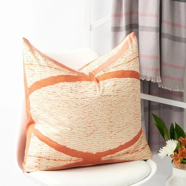 Contemporary Studio Variously Organic Hand-Dyed Orange & Neutral Base Shibori Silk Arc Coral Pillow For Sale - Image 3 of 12