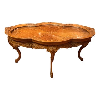Vintage Louis XV Revival Style Walnut Quatrefoil Coffee Table With Floral Marquetry & Removable Glass Top For Sale