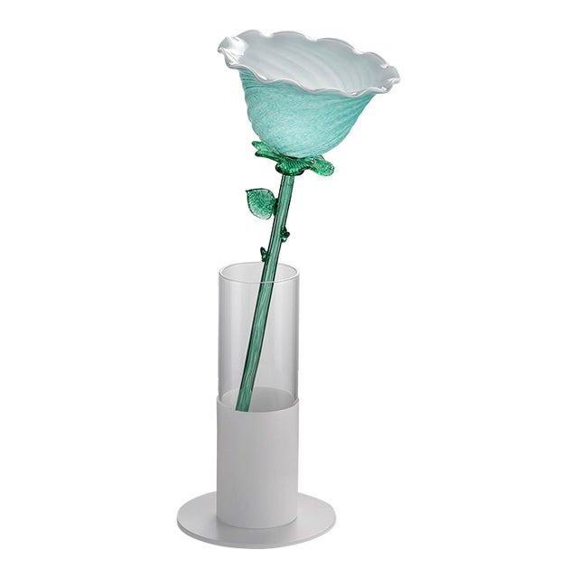 Italian Design Modern Aquamarine Green Art Glass Lit Flower Vase/Table Lamp For Sale