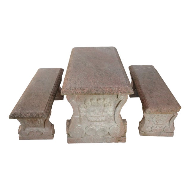 Vintage Italian Granite Carved Stone Outdoor Picnic Dining Table & Benches 50" For Sale