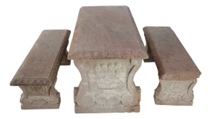 Vintage Italian Granite Carved Stone Outdoor Picnic Dining Table & Benches 50"