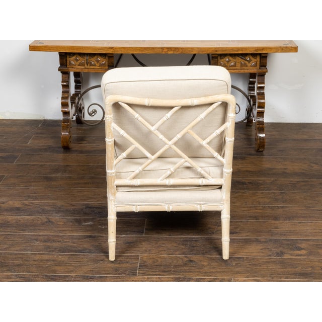Textile English Midcentury Bleached Faux Bamboo Lounge Chair with Upholstery For Sale - Image 7 of 11