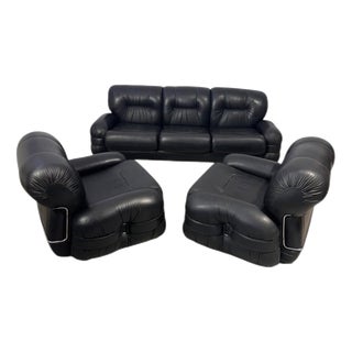 Black Faux Leather Sofa and Armchair Set from Adriano Piazzesi, Italy, 1970s, Set of 3 For Sale