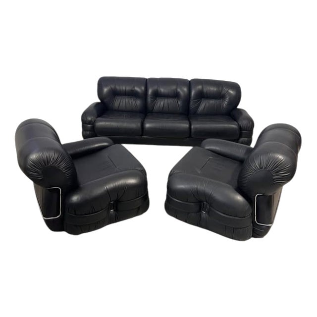 Black Faux Leather Sofa and Armchair Set from Adriano Piazzesi, Italy, 1970s, Set of 3 For Sale