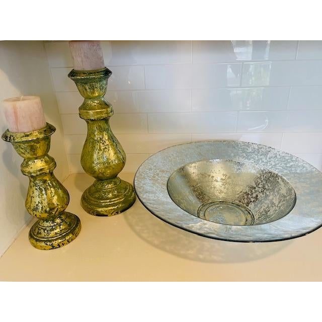 Large Green Glass Bowl & Candleholders, Spain For Sale - Image 9 of 13