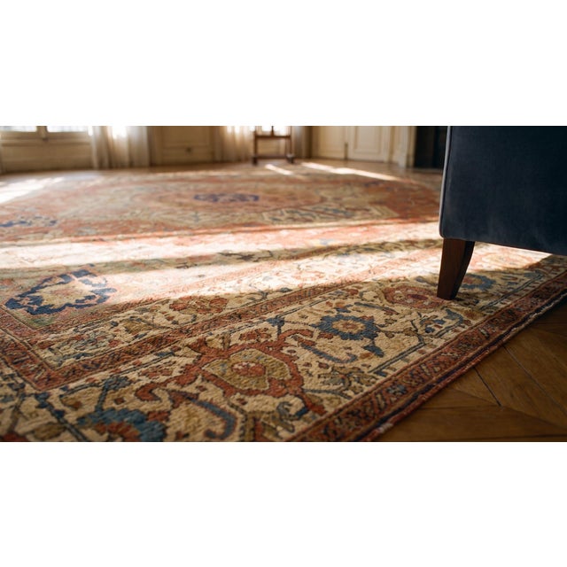 1880s Ivory Salmon Medallion Antique n.w. Persian Serapi Rug 116" X 15'10" Handknotted Wool Carpet For Sale - Image 10 of 12