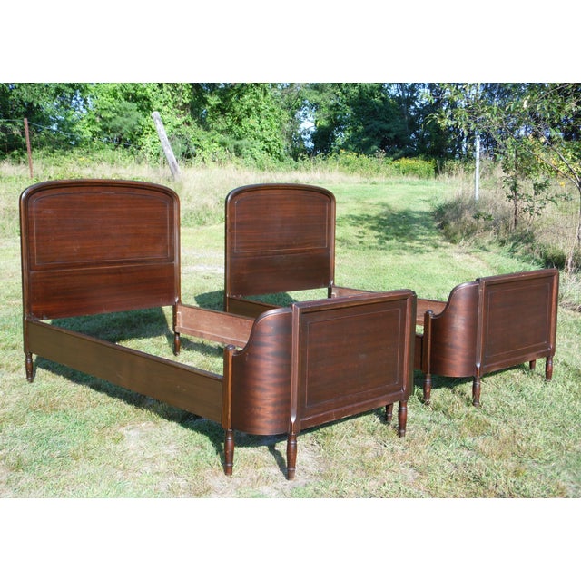 Antique Pair Art Deco Mahogany Twin Curved Beds Vintage Bedroom Set