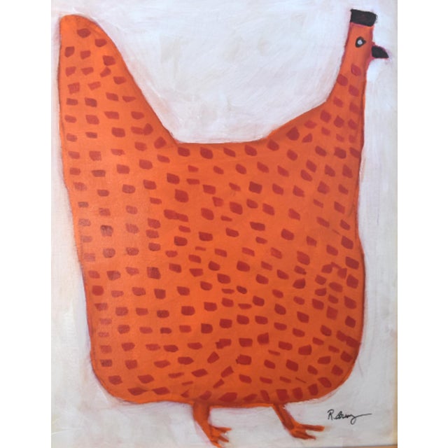 An original whimsical folk art painting by artist Ruth Arenz, featuring a stylized orange hen/chicken/rooster with white...