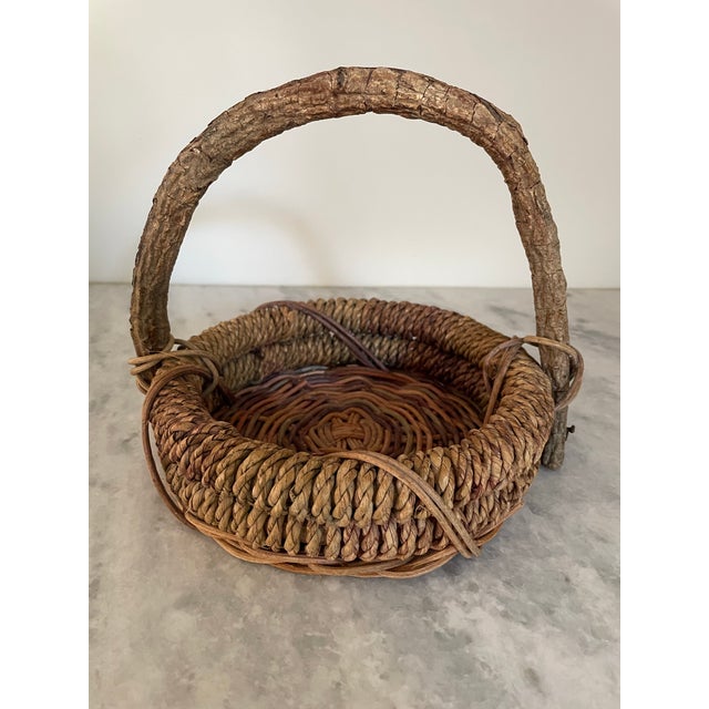 Rustic Vintage Rustic Woven Basket With Branch Handle For Sale - Image 3 of 7