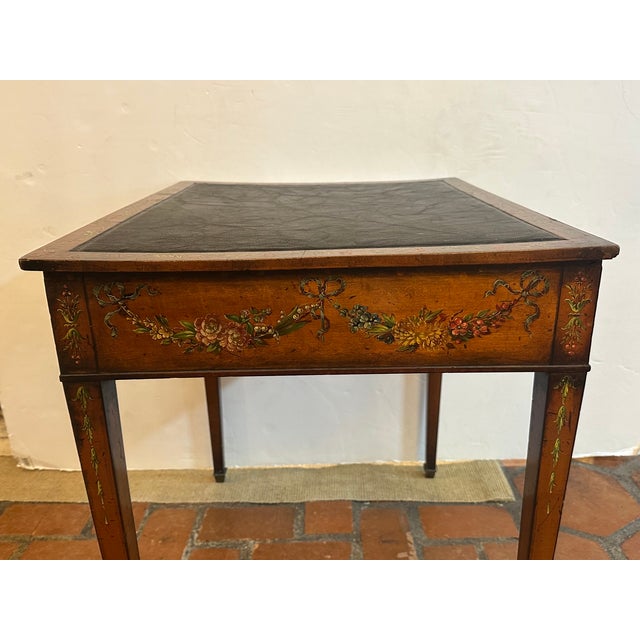 18th Century French Hand Painted Walnut & Leather Side Table For Sale - Image 10 of 14