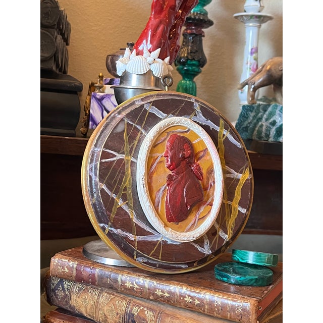 Vintage Neoclassical Faux Marble Cameo Plaque With Painted Intaglio of Josiah Wedgwood I For Sale - Image 4 of 13