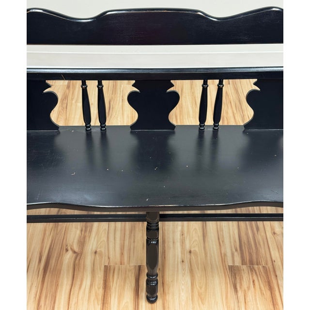 Vintage Early American Style Black Carved Wood Bench For Sale - Image 9 of 12