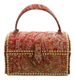 Vintage 1970s Judith Leiber Train Case HandBag Box Stud Top Handle Bag Paisley Quilted Stud