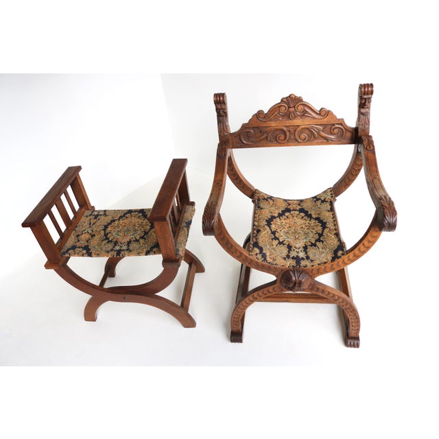Set of Antique French Dagobert Curule Throne Armchair with Footstool in Caved Oak, 1900s For Sale - Image 13 of 18