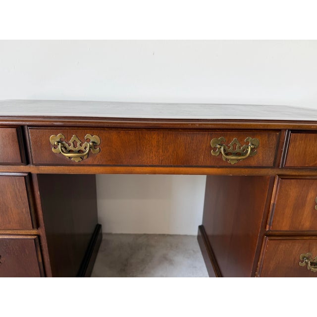 Wood 1970s Vintage Campaign Chippendale-Style Mahogany & Tooled Leather Top Partners Desk For Sale - Image 7 of 13