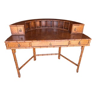 Vintage Faux Bamboo Tortoise Finish Rattan-Style Writing Desk With Gallery Back and Storage Drawers For Sale