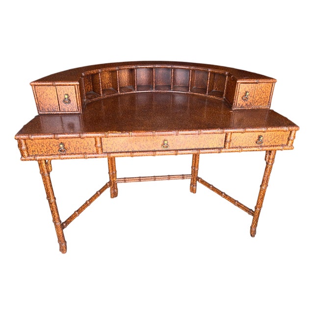 Vintage Faux Bamboo Tortoise Finish Rattan-Style Writing Desk With Gallery Back and Storage Drawers For Sale
