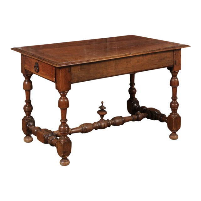 Mid 19th Century French 1850s Louis XIII Style Cherry Table with Lateral Drawer and Turned Legs For Sale