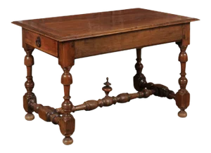 Mid 19th Century French 1850s Louis XIII Style Cherry Table with Lateral Drawer and Turned Legs