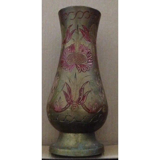 Vintage Etched Floral Painted Flowers Solid Brass Footed Vase For Sale In Baltimore - Image 6 of 6