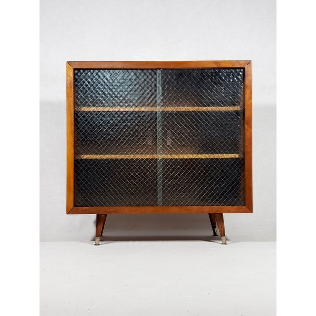 Pair of Vintage Original Mid-Century Modern Walnut Finish All Wood Display Cabinets With Adjustable Shelves and Sliding Wire Glass Doors For Sale - Image 17 of 18
