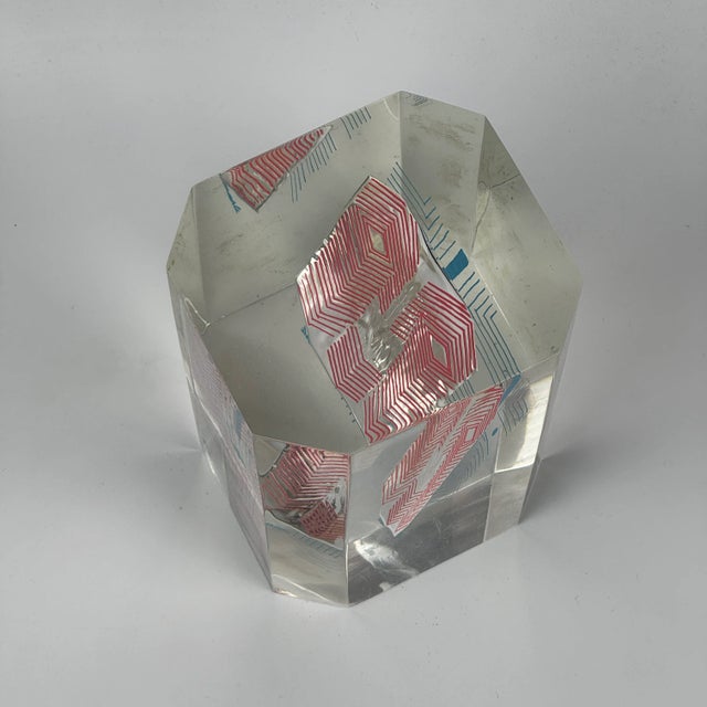 1970's Lucite Art Cube Sculpture With Floating Red & Blue Mask For Sale In New York - Image 6 of 11