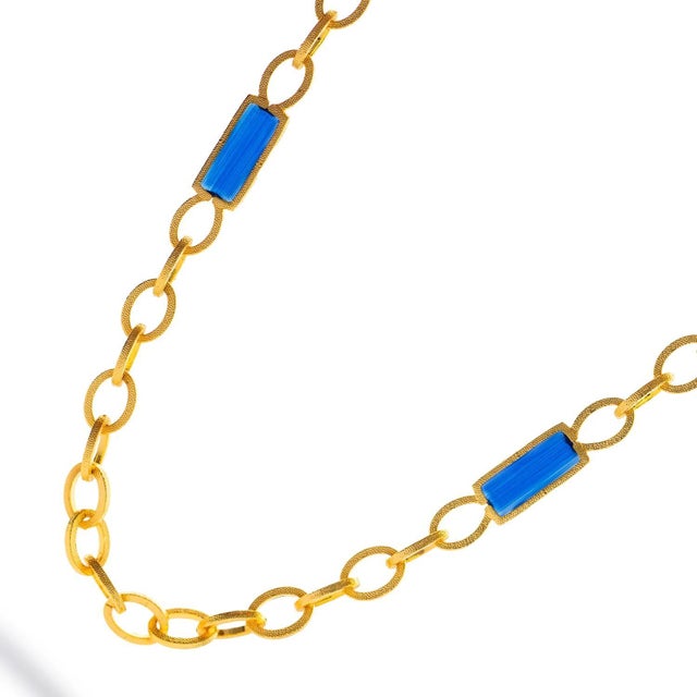 Bronze Versatile Glow Blue Cat Eye Gold Long Necklace For Sale - Image 8 of 9
