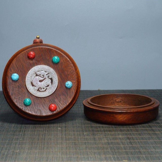 1980s Antique Huali Wood Jewelry Box With Carved Jade Center and Turquoise Stones For Sale - Image 5 of 9