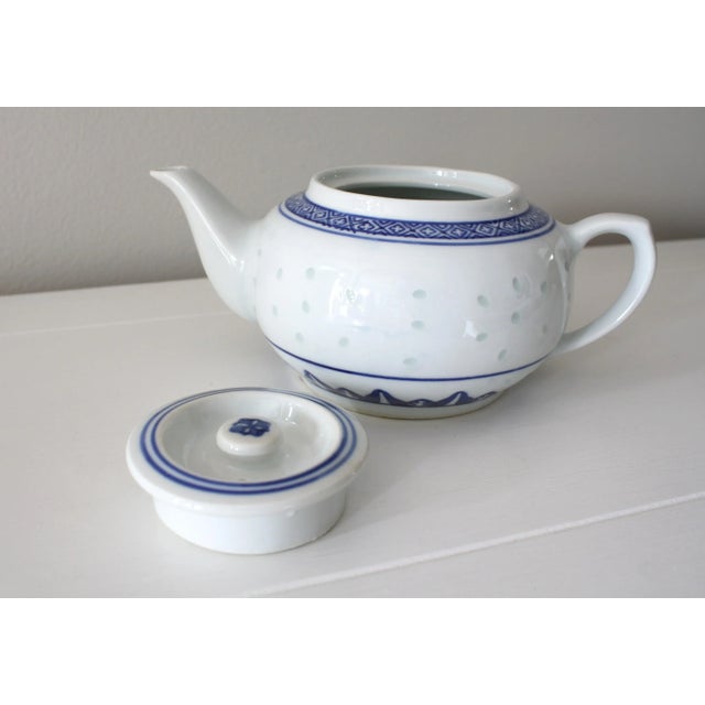 Vintage MidCentury Chinese Rice Grain Blue and White Teapot With Lid